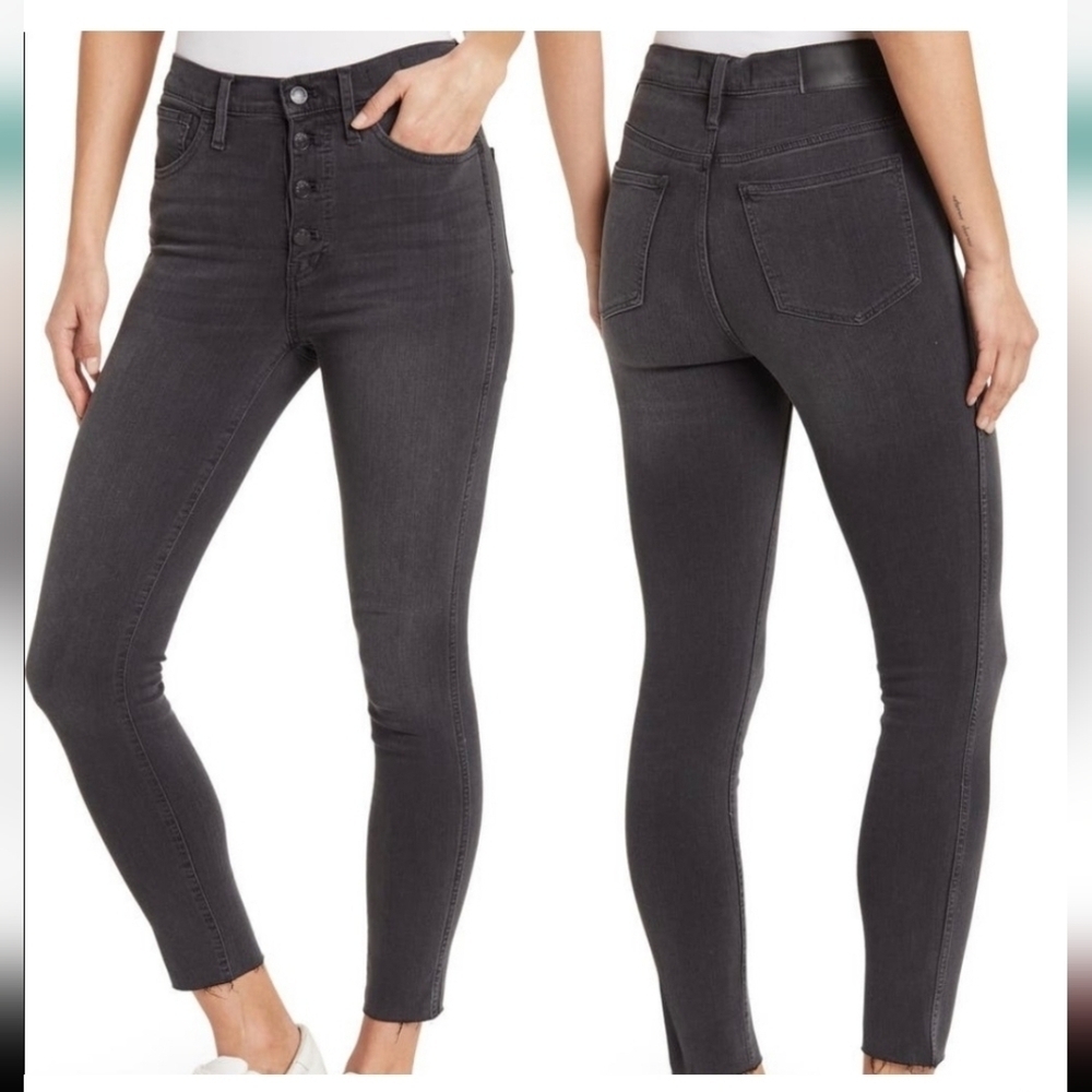 Madewell 10" high rise skinny jeans exposed button fly frayed Hem grey sz 27. - Picture 1 of 17